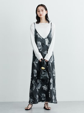 「nissen（ニッセン）の（カットソープリーツでらくちん）キャミマキシワンピース（ワンピース、ブラック系）」を使った、nissen Ladies Modelsさん（レディース・174cm）の夏コーディネート