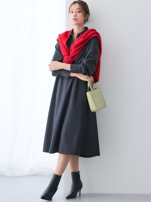 あったか裏起毛】襟付きフロントジップタックワンピース（しわになり