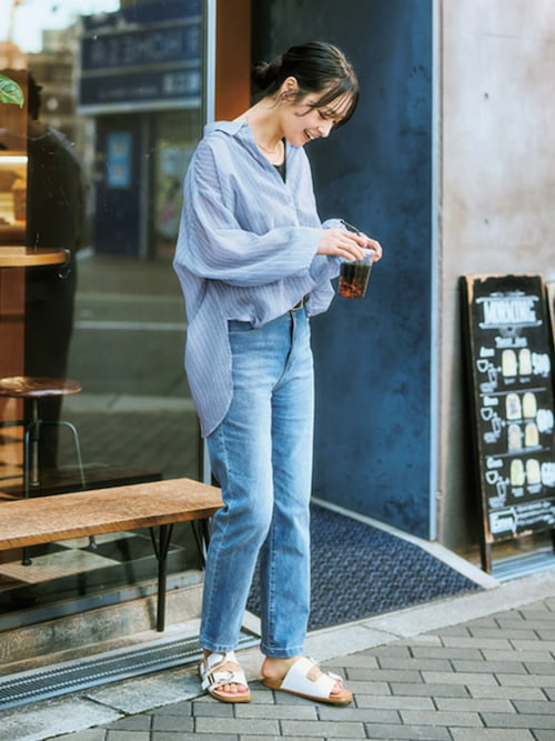 ハイウエストストレートブラスト加工デニムパンツ