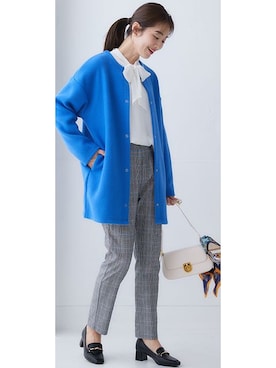 「レギュラー」｜「アイテム（ノーカラーコート）」を使った、nissen Ladies Modelsさん（レディース・168cm）の秋コーディネート