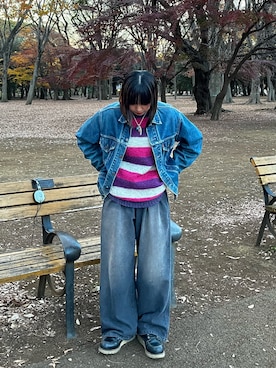 「古着女子」｜「アイテム（デニムジャケット）」を使った、杏さん（レディース・155cm）の冬コーディネート