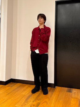 「URBAN RESEARCH（アーバンリサーチ）の『別注』LACOSTE×URBAN RESEARC　KNIT POLO CARDIGAN（カーディガン/ボレロ、レッド系）」を使った、鎌田　真平さん（メンズ・172cm）の秋コーディネート