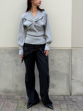 「THINGS THAT MATTER（シングス ザット マター）のTWIST POLO KNIT / ツイストポロニット（ニット/セーター、グレー系）」を使った、THINGS THAT MATTERさん（レディース・162cm）の秋コーディネート