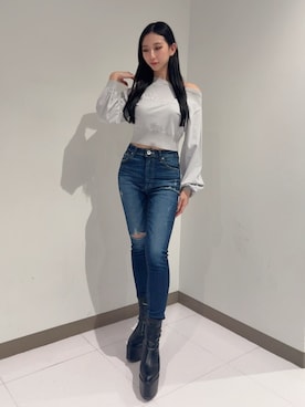 「GYDA（ジェイダ）のバルキーショートブーツ（ブーツ、ブラック系）」を使った、hinanoさん（レディース・156cm）の冬コーディネート