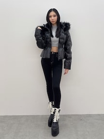 GDベルト付きフェイクレザーショートダウンコート｜ジェイダ（GYDA