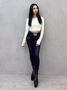 ハイウエスト GD bijou MOLDフロントZIPスキニーデニムパンツ