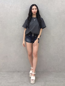 ハイウエストボタンBACKカーブクロスGYDA chainデニムショートパンツ