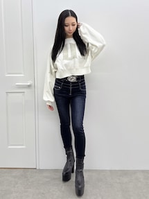ハイウエスト GD bijou MOLDフロントZIPスキニーデニムパンツ