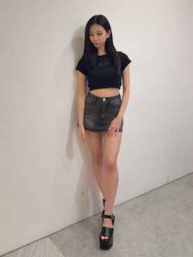 「GYDA（ジェイダ）のbijouデニムスカートライクショートパンツ（デニムスカート、ブルー系）」を使った、hinanoさん（レディース・156cm）の春コーディネート