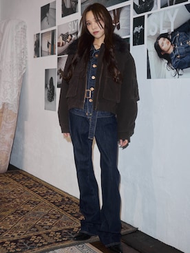 「SLY（スライ）のBELTED COMPACT DENIM JK ベルテッドコンパクトデニムジャケット 秋服 冬服（デニムジャケット、ブルー系）」を使った、KAEDEさん（レディース・160cm）の夏コーディネート