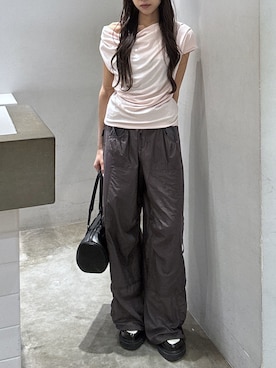 「SLY（スライ）のONE SHOULDER CUT TOPS ワンショルダーカットトップス 夏服 秋服（Tシャツ/カットソー、ピンク系）」を使った、KAEDEさん（レディース・160cm）の夏コーディネート