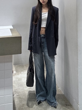 「SLY（スライ）のSUMMER BELTED TAILOR JK サマーベルテッドテーラージャケット 春服 夏服（テーラードジャケット、ブルー系）」を使った、KAEDEさん（レディース・160cm）の春コーディネート