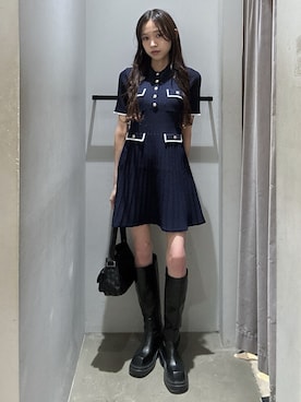 「SLY（スライ）のCOLLARED FRONT PK S/OP カラードフロントポケットショートワンピース 夏服（ワンピース、ブルー系）」を使った、KAEDEさん（レディース・160cm）の夏コーディネート