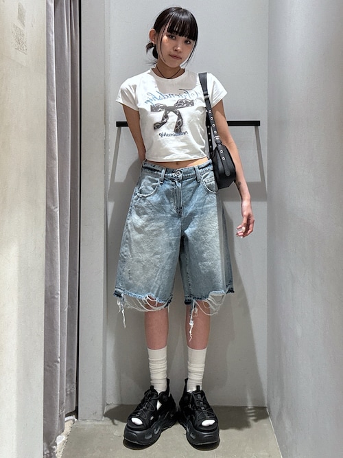 SLY デニムパンツ ハーフパンツ セール】THROW RIPPED HALF DENIM PT/BE リップド ハーフ デニム