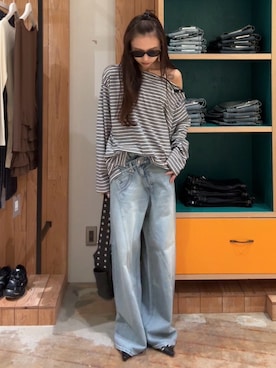 「SLY（スライ）の【noeyedia】CAT EYE EYEWEAR ノーアイディアキャットアイアイウェア 春服（サングラス、ブラック系）」を使った、KAEDEさん（レディース・160cm）の春コーディネート