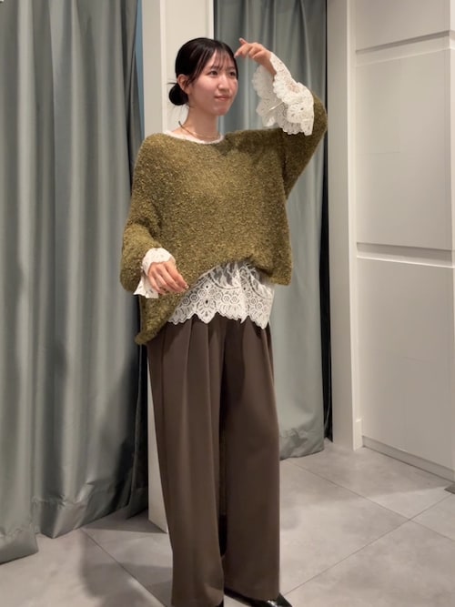 DouDou ドゥドゥ リボンヤーンフェザープルオーバー ベージュ リボンヤーンフェザープルオーバー（ニット/セーター）｜DouDou