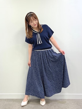 「SHOO・LA・RUE（シューラルー）の【毎日洗える/ひんやり/UV/S-LL】 毛玉になりにくい配色ボウタイ半袖ニット（ニット/セーター、ブルー系）」を使った、ゆっきーさん（レディース・157cm）の春コーディネート