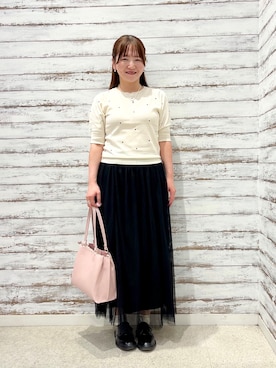 「SHOO・LA・RUE（シューラルー）の【S-LL/二の腕カバー】品よく隠せる　ドット刺繍5分袖ニット（ニット/セーター、ホワイト系）」を使った、ゆっきーさん（レディース・157cm）の春コーディネート