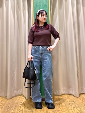 「SHOO・LA・RUE（シューラルー）の【ガンガン洗える/ひんやり/UV/毛玉になりにくい】二の腕見せない 5分袖ニット（ニット/セーター、ブラウン系）」を使った、ゆっきーさん（レディース・157cm）の夏コーディネート
