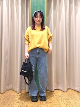 「SHOO・LA・RUE（シューラルー）の【着丈選べる/洗濯後しわになりにくい】インせず着られる ドルマンブラウス（シャツ/ブラウス、イエロー系）」を使った、ゆっきーさん（レディース・157cm）の秋コーディネート