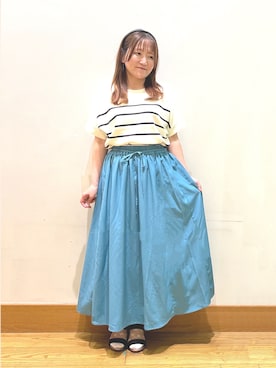 「SHOO・LA・RUE（シューラルー）の【毎日洗える/ひんやり/UV】二の腕隠れる さらっとドルマン半袖ニット（ニット/セーター、ベージュ系）」を使った、ゆっきーさん（レディース・157cm）の夏コーディネート