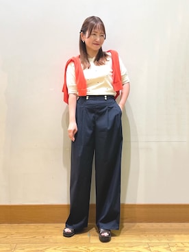 「SHOO・LA・RUE（シューラルー）の【S-LL/二の腕カバー】品よく隠せる　ドット刺繍5分袖ニット（ニット/セーター、ホワイト系）」を使った、ゆっきーさん（レディース・157cm）の夏コーディネート