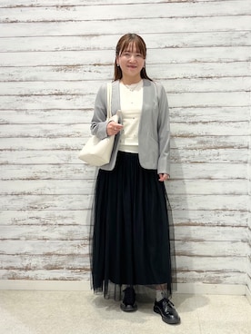 「SHOO・LA・RUE（シューラルー）の【洗濯機可/UV/SS-3L】すっきり好印象 ノーカラージャケット（ノーカラージャケット、グレー系）」を使った、ゆっきーさん（レディース・157cm）の春コーディネート