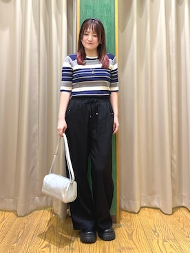 「SHOO・LA・RUE（シューラルー）の【S-LL】オンオフ着られる マルチボーダーリブニット（ニット/セーター、ブルー系）」を使った、ゆっきーさん（レディース・157cm）の夏コーディネート
