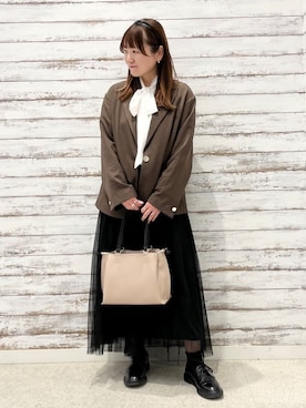 「SHOO・LA・RUE（シューラルー）の【洗濯機可】滑らか軽やか シーン問わず着られるチュールギャザースカート（スカート、ブラック系）」を使った、ゆっきーさん（レディース・157cm）の春コーディネート