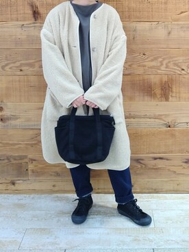「PUAL CE CIN（ピュアルセシン）のアイテム（ノーカラーコート）」を使った、tomoさん（レディース・152cm）の冬コーディネート