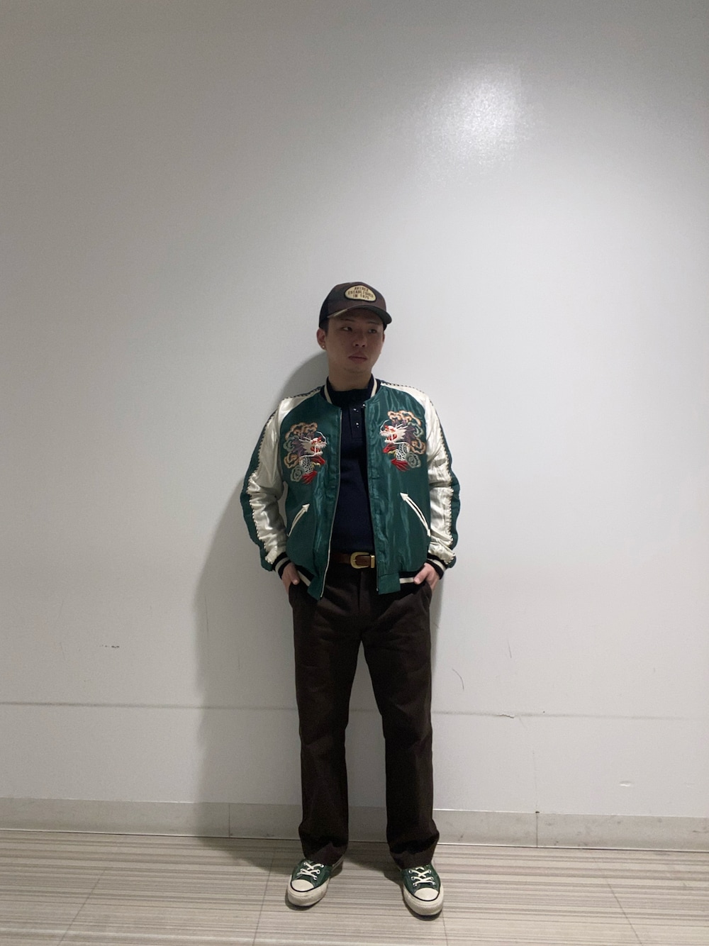 「今日のコーデ、春色、メンズコーデ、AVIREX、ootd、ファッションの力を信じよう、東洋エンタープライズ、スカジャン、アメカジ、春コーデ」｜「AVIREXの《直営店限定》CAMO MESH CAP / カモメッシュキャップ / AVIREX / アヴィレックス（キャップ、その他）」を使った、kaiさん（メンズ・165cm）の春コーディネートの1枚目の写真