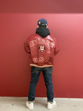 「AVIREX（アヴィレックス）のアイテム（その他アウター、レッド系）」を使った、kaiさん（メンズ・165cm）の冬コーディネート