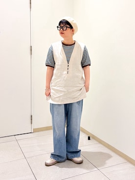 「SMELLY（スメリー）のワイドフレームダテメガネ（メガネ、ブラック系）」を使った、hara_styleさん（レディース・156cm）の春コーディネート