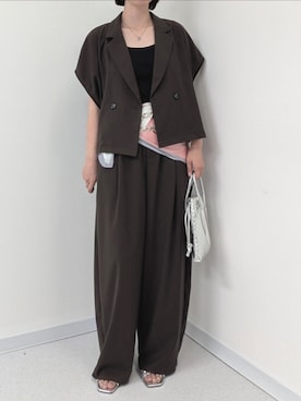 「Paradise Picnic（パラダイスピクニック）のcloche  カルゼ生地コンパクトジャケット（Tailored jacket、ブラウン系）」を使った、のらさん（レディース・158cm）の夏コーディネート