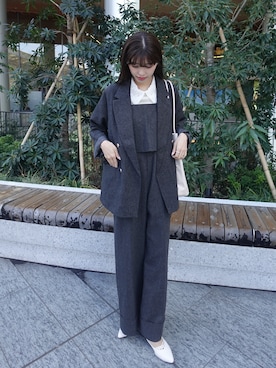 「BONLECILL noir（ボンルシールノワール）の【BONLECILL noir】＜セットアップ対応＞ツイードフリルビスチェオールインワン（つなぎ/オールインワン、グレー系）」を使った、hinanoさん（レディース・163cm）の春コーディネート