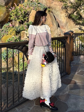 「Cherir Mignon（シェリルミニョン）の【Cherir Mignon】ボリュームフリルチュールスカート（スカート、ホワイト系）」を使った、hinanoさん（レディース・163cm）の春コーディネート