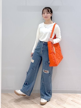 「アイテム（トートバッグ、オレンジ系）」を使った、ぽんちゃんさん（レディース・152cm）の秋コーディネート