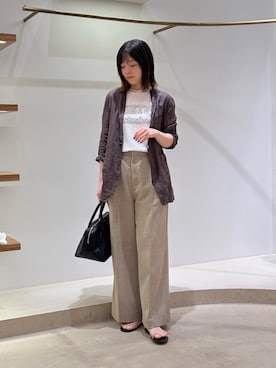 「Whim Gazette（ウィムガゼット）のラミーシャツジャケット（テーラードジャケット、ブラウン系）」を使った、Sasakiさん（レディース・166cm）の夏コーディネート