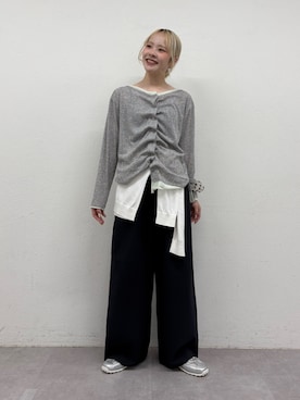 「CIAOPANIC TYPY（チャオパニックティピー）のフロントタックレイヤードライクメランジリブカーデ（Tシャツ/カットソー、グレー系）」を使った、shihoさん（レディース・161cm）の春コーディネート