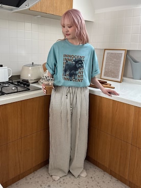 「CIAOPANIC TYPY（チャオパニックティピー）の【UNISEX】【プラスサイズあり】犬＆猫 アソートロゴプリントTee（Tシャツ/カットソー、ブルー系）」を使った、shihoさん（レディース・161cm）の夏コーディネート