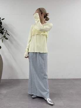 「WILLOW（ウィロー）の【willow】レースブラキャミ付きハニカムトップス（Tシャツ/カットソー、イエロー系）」を使った、shihoさん（レディース・161cm）の春コーディネート