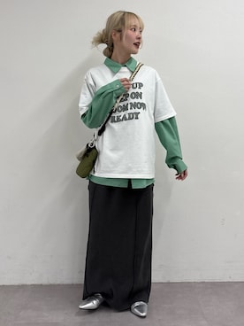 「CIAOPANIC TYPY（チャオパニックティピー）の【肌触り◎】ユニセックス/シルクタッチ立体ストライプシャツ（シャツ/ブラウス、グリーン系）」を使った、shihoさん（レディース・161cm）の春コーディネート