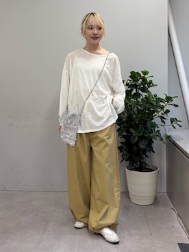 「CIAOPANIC TYPY（チャオパニックティピー）のシアーボーダーロンTee（Tシャツ/カットソー、ホワイト系）」を使った、shihoさん（レディース・161cm）の春コーディネート