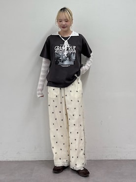 「CIAOPANIC TYPY（チャオパニックティピー）の【接触冷感】アソートフォトプリントTee（Tシャツ/カットソー、グレー系）」を使った、shihoさん（レディース・161cm）の夏コーディネート