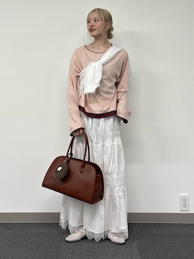 「CIAOPANIC TYPY（チャオパニックティピー）の【接触冷感/一枚で決まる】フェイクレイヤードシアースラブ刺繍オーバーTee（Tシャツ/カットソー、ピンク系）」を使った、shihoさん（レディース・161cm）の春コーディネート