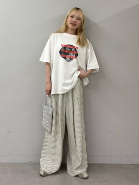 「CIAOPANIC TYPY（チャオパニックティピー）の【UNISEX】【プラスサイズあり】犬＆猫 アソートロゴプリントTee（Tシャツ/カットソー、ホワイト系）」を使った、shihoさん（レディース・161cm）の春コーディネート
