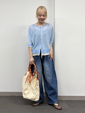 「CIAOPANIC TYPY（チャオパニックティピー）の2wayレイヤードライク配色5分袖シアーニットカーデ（カーディガン/ボレロ、ブルー系）」を使った、shihoさん（レディース・161cm）の春コーディネート