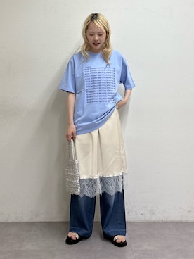「CIAOPANIC TYPY（チャオパニックティピー）の【UNISEX】【全12色展開】メッセージプリント半袖Tee（Tシャツ/カットソー、ブルー系）」を使った、shihoさん（レディース・161cm）の春コーディネート