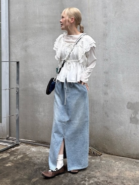 「CIAOPANIC TYPY（チャオパニックティピー）の【新色追加】2WAYシアーヘンリーネックTEE（Tシャツ/カットソー、ホワイト系）」を使った、shihoさん（レディース・161cm）の春コーディネート