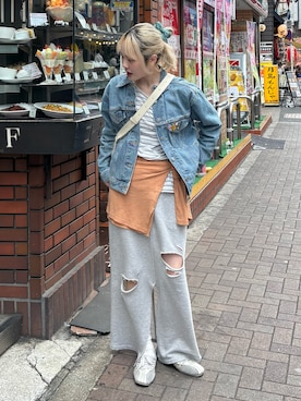 「CIAOPANIC TYPY（チャオパニックティピー）のシアースラブボーダーワンポイント刺繍オーバTee（Tシャツ/カットソー、グレー系）」を使った、shihoさん（レディース・161cm）の春コーディネート